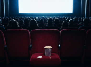 Packed movie theater auditorium lit only by a bright blank screen with popcorn and a torn ticket stub on an aisle seat, illustrating a record opening weekend