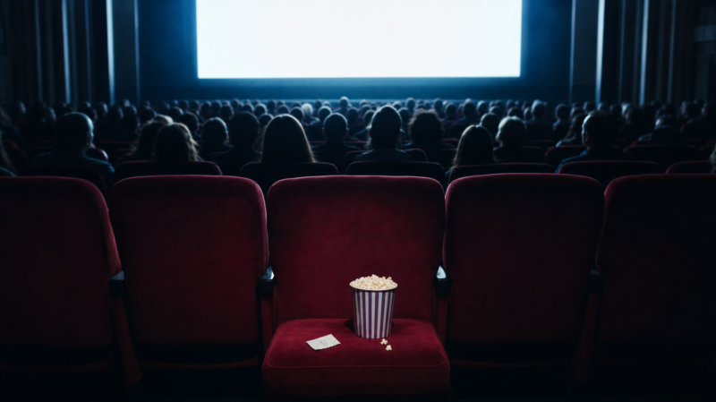 Packed movie theater auditorium lit only by a bright blank screen with popcorn and a torn ticket stub on an aisle seat, illustrating a record opening weekend