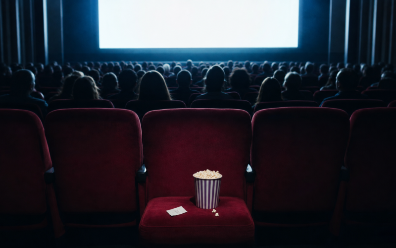 Packed movie theater auditorium lit only by a bright blank screen with popcorn and a torn ticket stub on an aisle seat, illustrating a record opening weekend