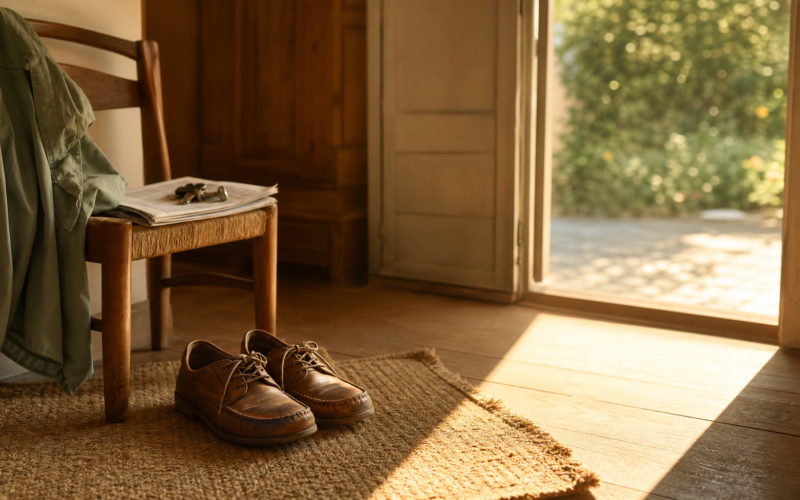STAREE statin trial illustrated by walking shoes and a jacket beside a sunlit back door