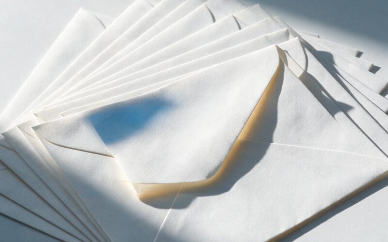 Supreme Court mail voting concept, macro of fanned blank white envelopes with one out of line