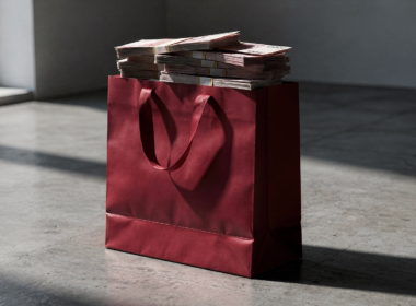 Target tariff refund concept, oversized red shopping bag overflowing with cash