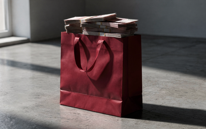 Target tariff refund concept, oversized red shopping bag overflowing with cash