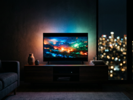 Thai BL dramas concept: a glowing TV screen casting colorful light in a dark room