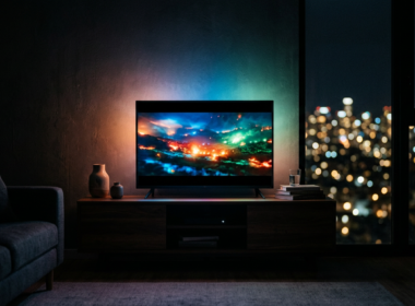Thai BL dramas concept: a glowing TV screen casting colorful light in a dark room