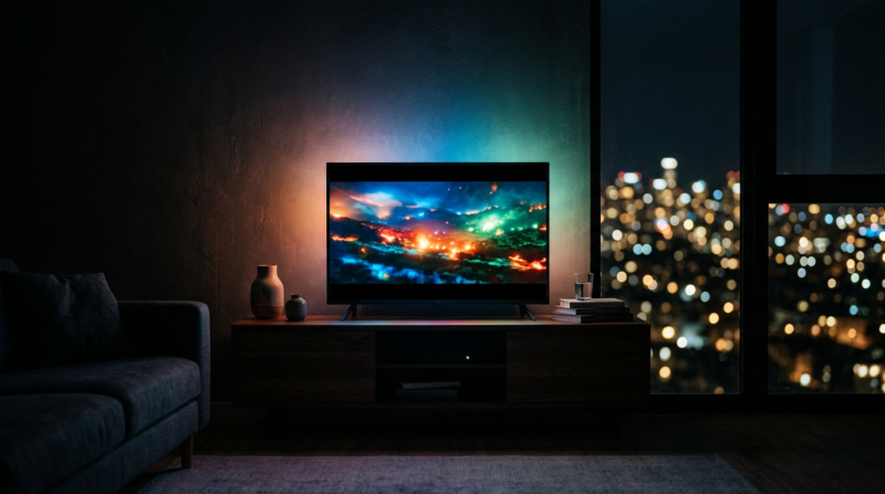 Thai BL dramas concept: a glowing TV screen casting colorful light in a dark room