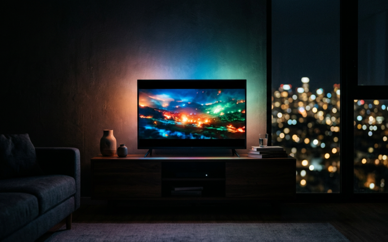 Thai BL dramas concept: a glowing TV screen casting colorful light in a dark room