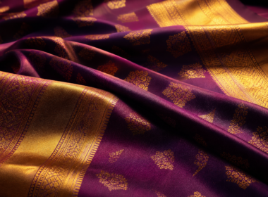 Thai textiles concept: draped handwoven silk with gold-threaded patterns in warm light