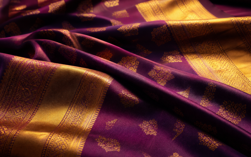 Thai textiles concept: draped handwoven silk with gold-threaded patterns in warm light