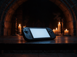 The Duskbloods network test concept with a handheld game console on a dark table in a gothic candlelit room