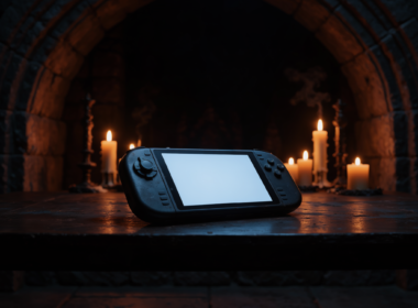 The Duskbloods network test concept with a handheld game console on a dark table in a gothic candlelit room
