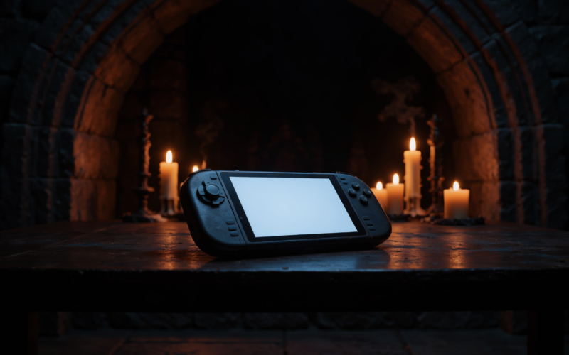 The Duskbloods network test concept with a handheld game console on a dark table in a gothic candlelit room