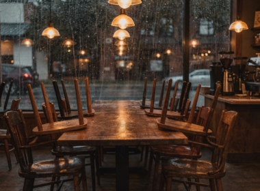 Empty neighborhood coffee shop after closing with chairs upturned on tables and warm pendant lights on, illustrating disappearing third places