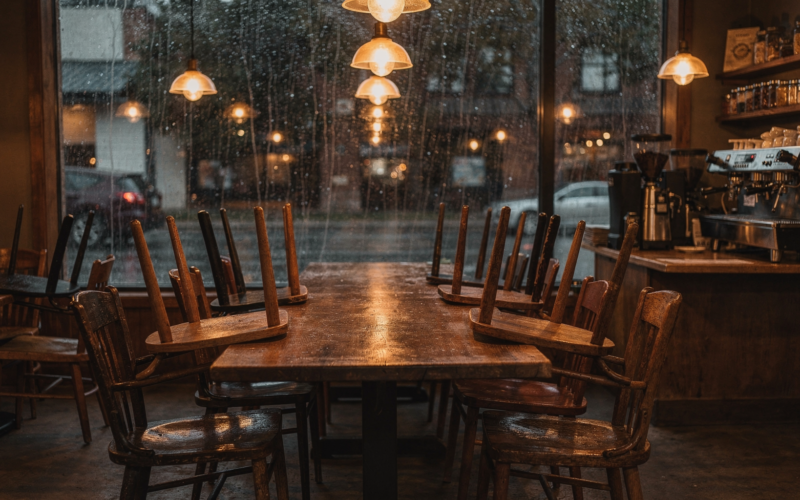Empty neighborhood coffee shop after closing with chairs upturned on tables and warm pendant lights on, illustrating disappearing third places