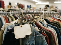 A packed secondhand clothing rack with a blank price tag showing how thrifting prices have climbed