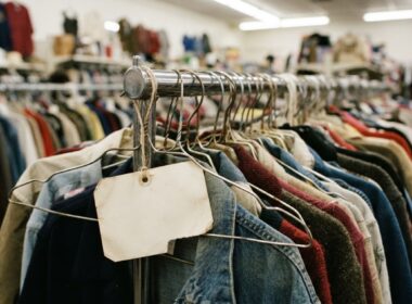 A packed secondhand clothing rack with a blank price tag showing how thrifting prices have climbed