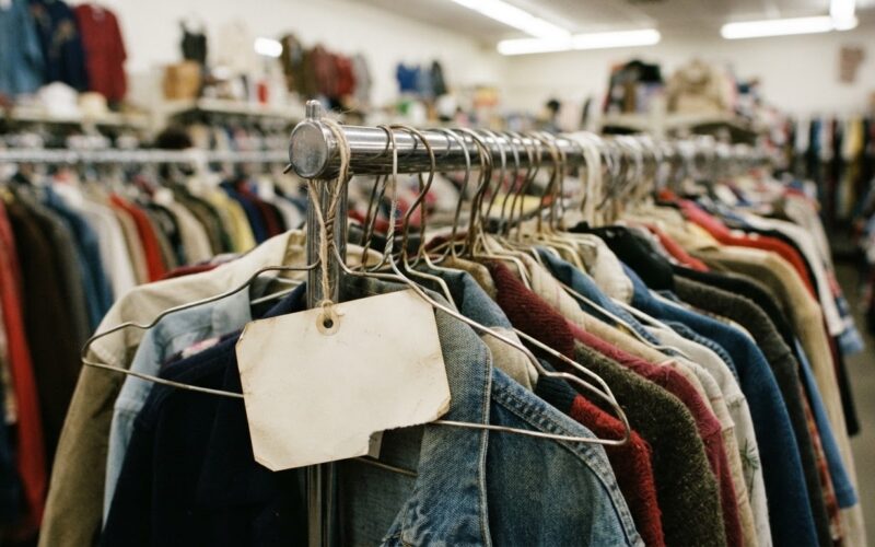 A packed secondhand clothing rack with a blank price tag showing how thrifting prices have climbed