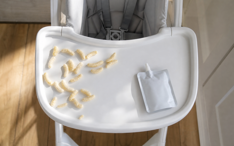 A high chair tray with puffed snacks and an unlabeled pouch representing ultra processed toddler foods
