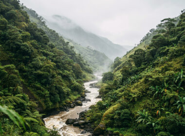 Tropical Storm Moke concept, heavy rain over a steep volcanic valley with a swollen stream