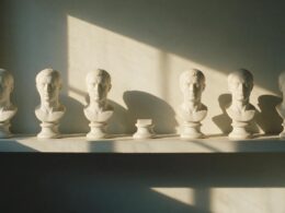 Row of identical white marble busts on a shelf lit by hard raking morning sunlight