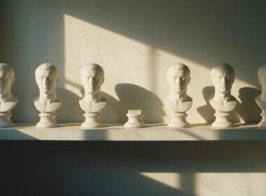 Row of identical white marble busts on a shelf lit by hard raking morning sunlight
