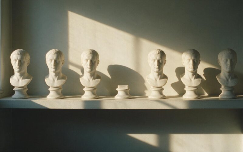 Row of identical white marble busts on a shelf lit by hard raking morning sunlight