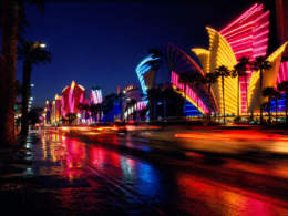 Tupac murder trial concept, 1996 Las Vegas boulevard at night in saturated neon
