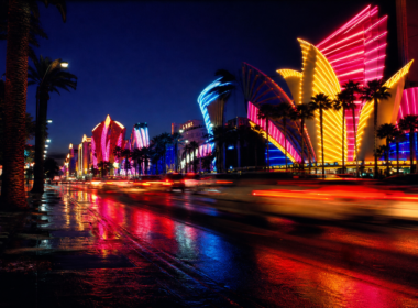 Tupac murder trial concept, 1996 Las Vegas boulevard at night in saturated neon