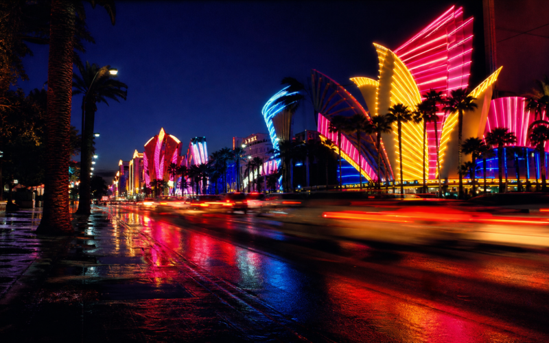 Tupac murder trial concept, 1996 Las Vegas boulevard at night in saturated neon