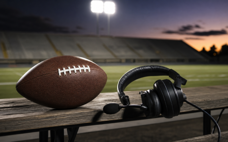 An American football and a coaching headset on a wooden sideline bench under stadium floodlights