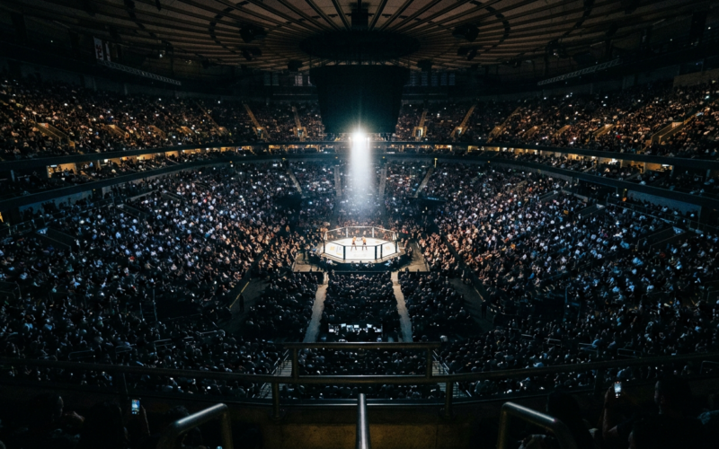 Packed arena seen from the upper bowl with a single brightly lit octagon at the center