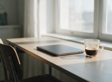 USDA telework ruling concept, empty home office desk with a closed laptop and cold coffee