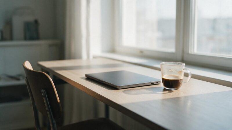 USDA telework ruling concept, empty home office desk with a closed laptop and cold coffee