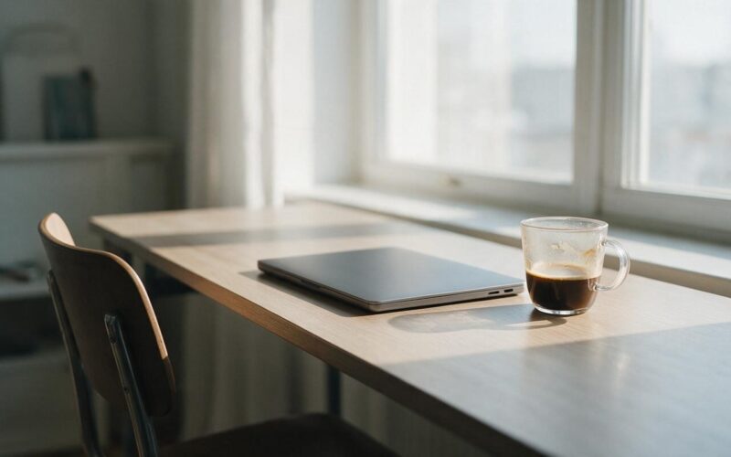 USDA telework ruling concept, empty home office desk with a closed laptop and cold coffee