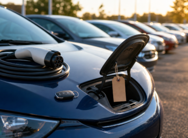 Used EV prices concept with a charging cable and a blank price tag on the hood of a used electric hatchback at a dealership