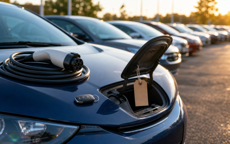 Used EV prices concept with a charging cable and a blank price tag on the hood of a used electric hatchback at a dealership