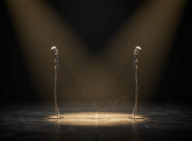 Verzuz Donell Jones vs Joe, two vintage microphones facing each other on a dark stage
