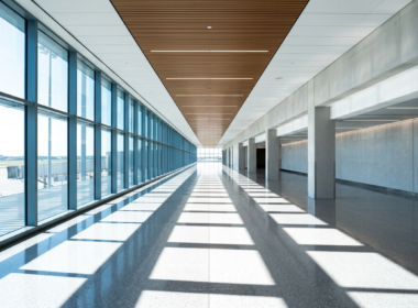 Visa revocation plan concept, deserted airport arrivals corridor flooded with daylight