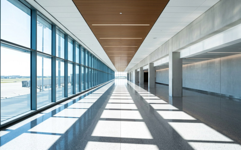 Visa revocation plan concept, deserted airport arrivals corridor flooded with daylight