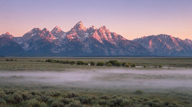 Teton mountain range at dawn rising above a misty sagebrush meadow in Wyoming