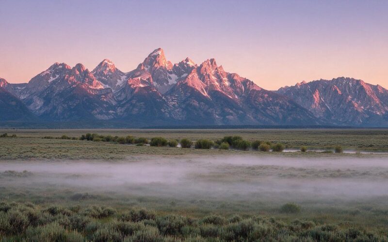 Teton mountain range at dawn rising above a misty sagebrush meadow in Wyoming