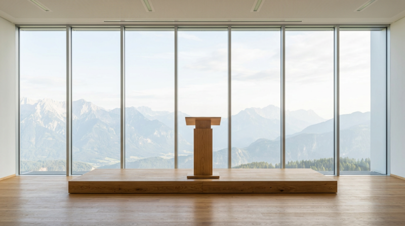 Empty wooden lectern on a stage before a full height window wall looking out at mountains