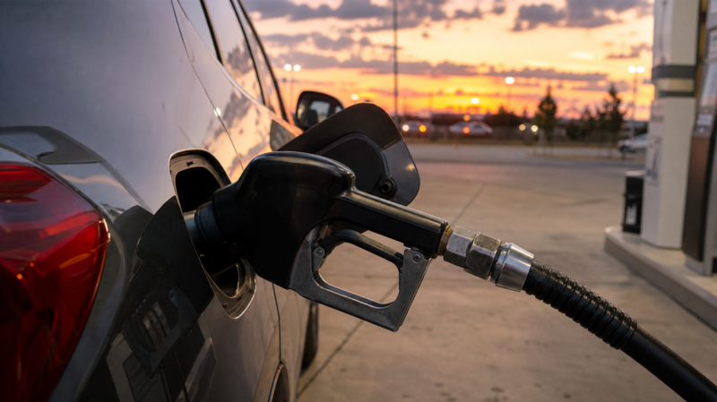 A gas station price sign glowing at dusk with an oil refinery silhouette in the distance