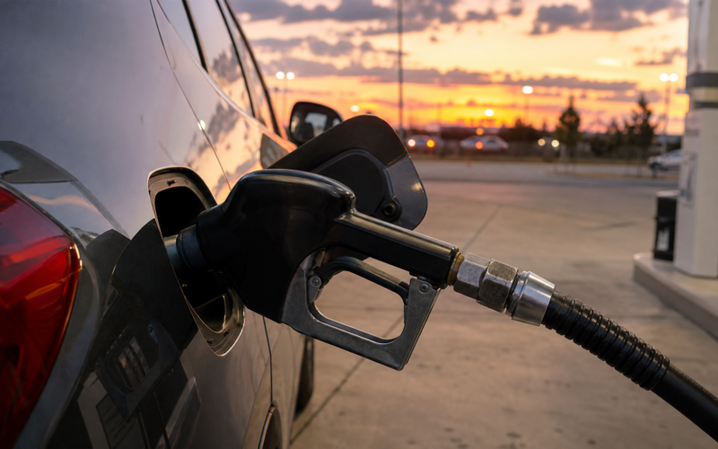 A gas station price sign glowing at dusk with an oil refinery silhouette in the distance