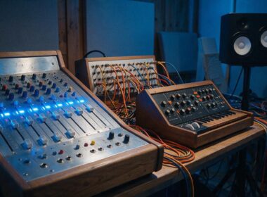William Orbit tribute image of a vintage analog synthesizer and mixing console in a dimly lit recording studio