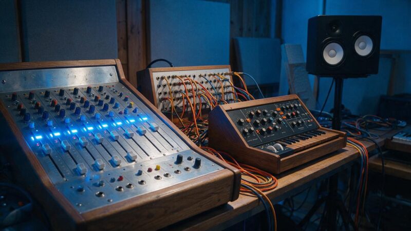 William Orbit tribute image of a vintage analog synthesizer and mixing console in a dimly lit recording studio