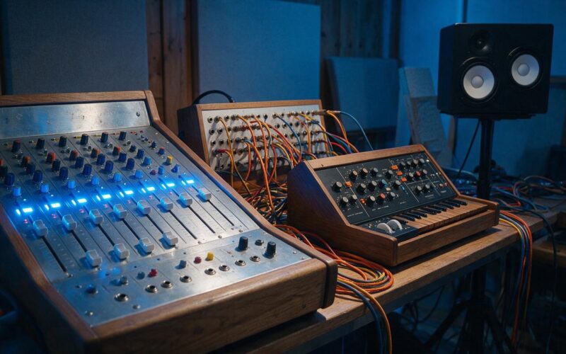 William Orbit tribute image of a vintage analog synthesizer and mixing console in a dimly lit recording studio
