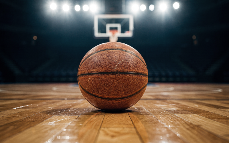 Golden State Valkyries concept: a basketball on a hardwood court under bright arena lights
