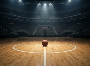 Empty indoor basketball arena with a single ball at center court under overhead spotlights, illustrating the 2026 WNBA trade deadline
