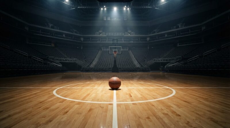 Empty indoor basketball arena with a single ball at center court under overhead spotlights, illustrating the 2026 WNBA trade deadline